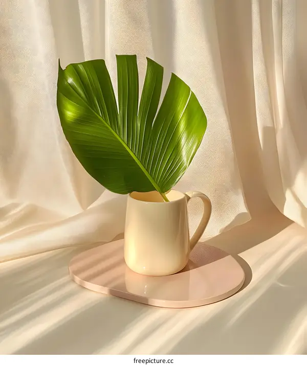 Green Leaf In A White Mug On A Pink Tray