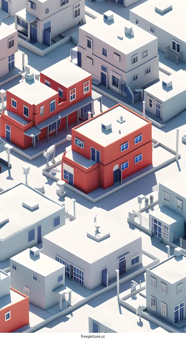 Minimalist 3D Illustration of White Houses with a Red House in the Middle
