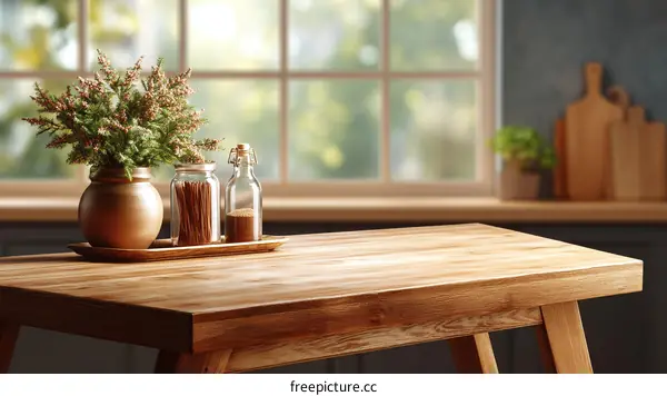 Empty Wooden Tabletop Kitchen Interior Scene