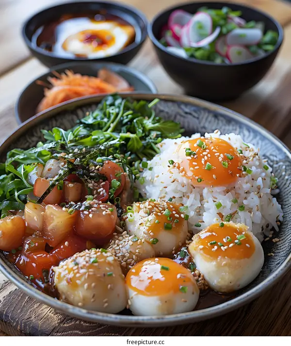 A delicious and healthy meal of rice, vegetables, and eggs.