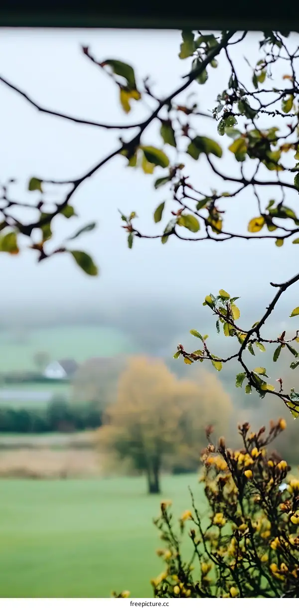 Close Up View of Tree Branches with Green and Yellow Leaves