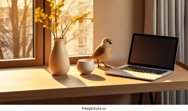 A bird standing on a desk next to a laptop and a vase of flowers