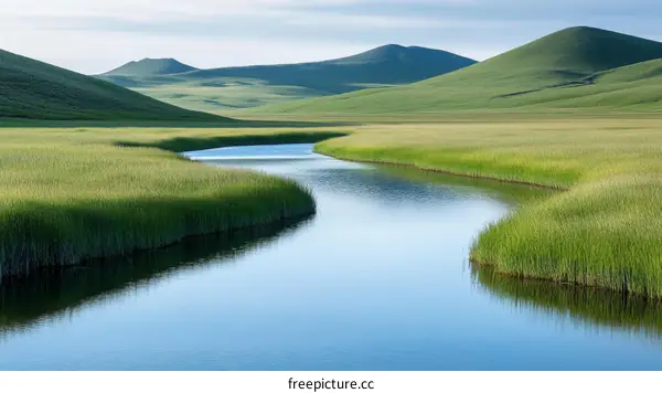 Serene Meadow Landscape with Winding River