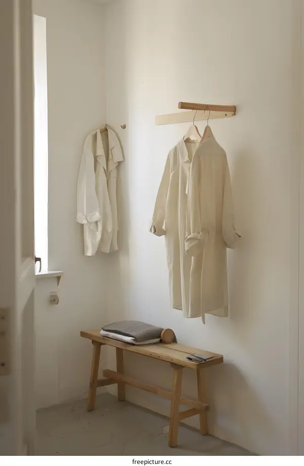 Minimalist White Wall With Wooden Bench And Hangers