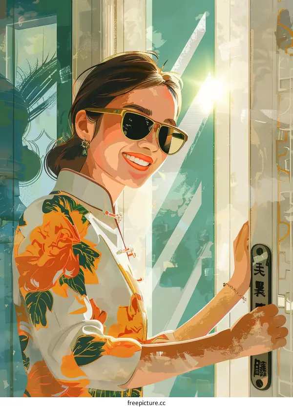 A smiling woman in a floral dress opens a door.