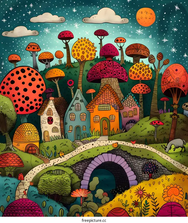 Fantasy Mushroom Village with Stone Bridge