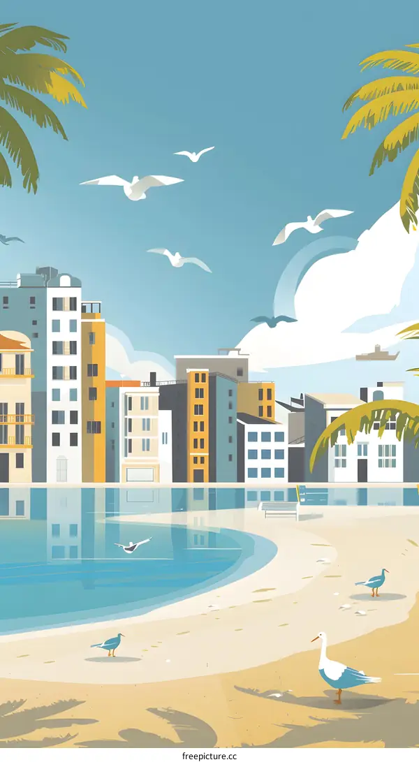 Coastal City Illustration with Palm Trees and Seagulls