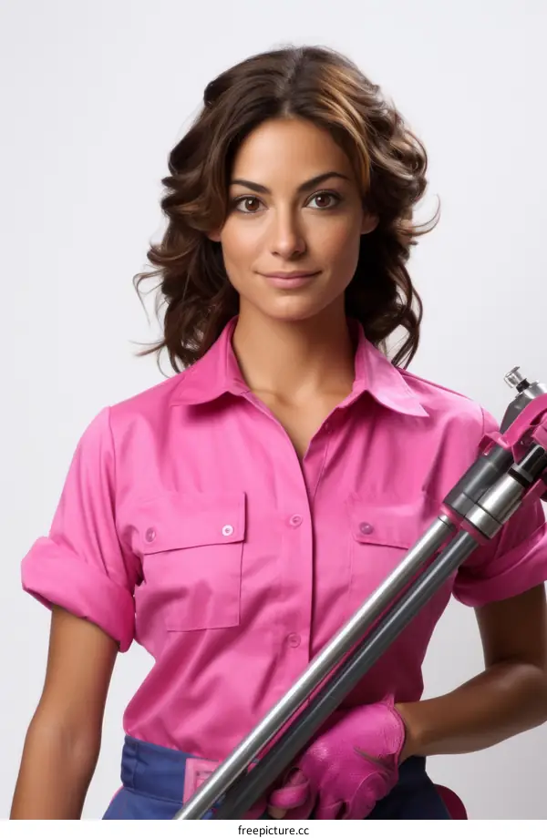 Portrait of a beautiful woman in a pink uniform holding a vacuum cleaner