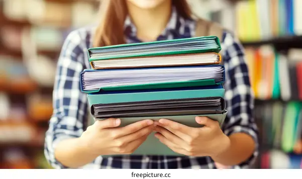 Student Holding a Stack of Folders in Library