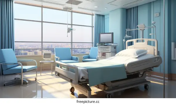 A hospital room with a bed, two chairs, and a medical monitor