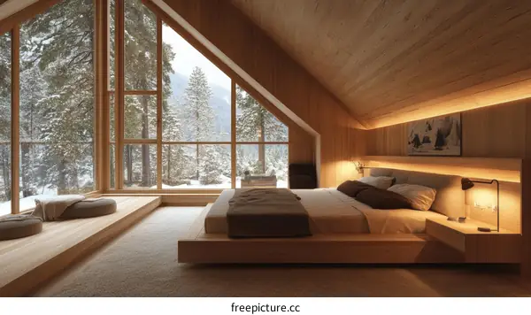 Cozy Wooden Cabin Bedroom with Snowy View