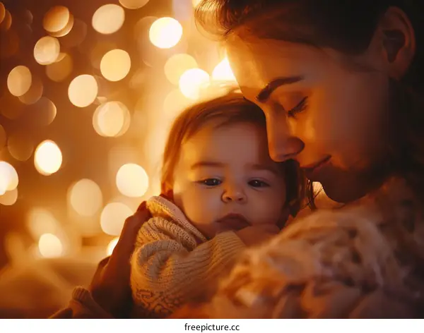 Mother and baby in a warm embrace surrounded by a cozy atmosphere