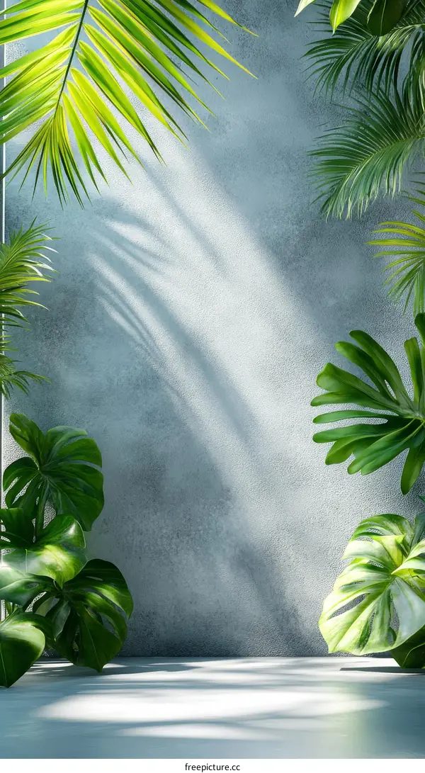 Tropical Plants on Gray Concrete Wall Background