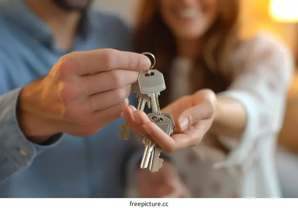 Real estate agent giving keys to new homeowners
