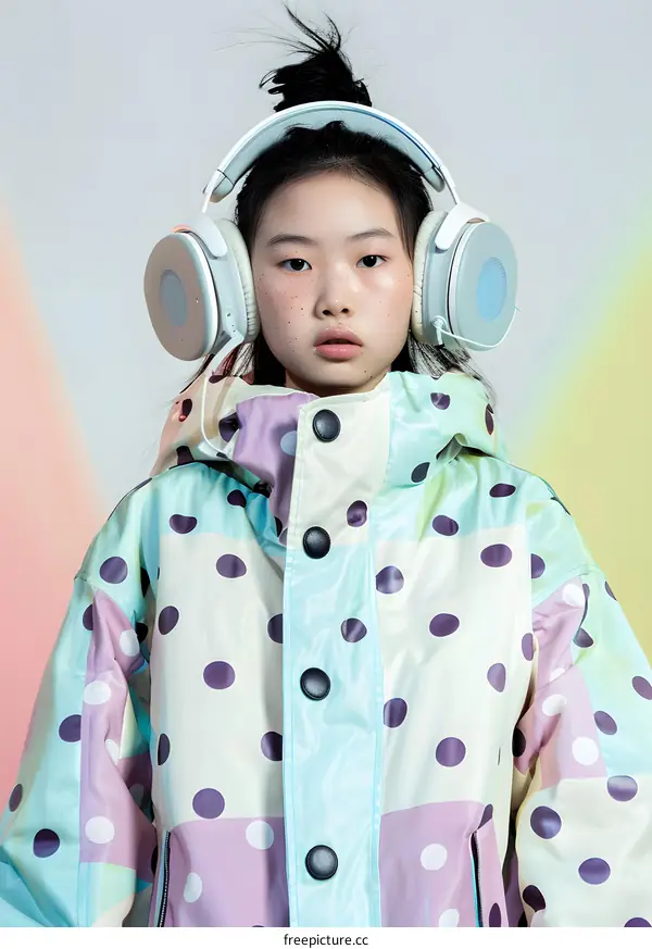 Young Asian Woman Wearing a Polka Dot Jacket and Headphones