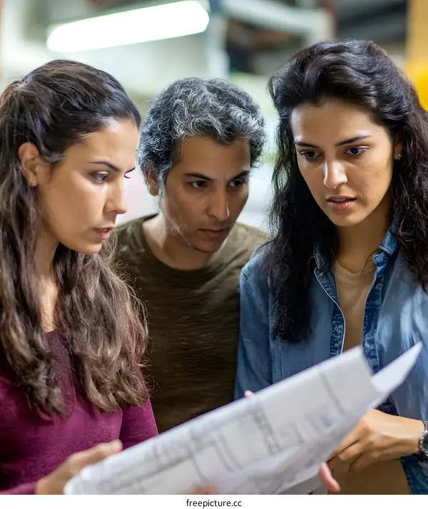 Three Colleagues Reviewing Blueprint in Office