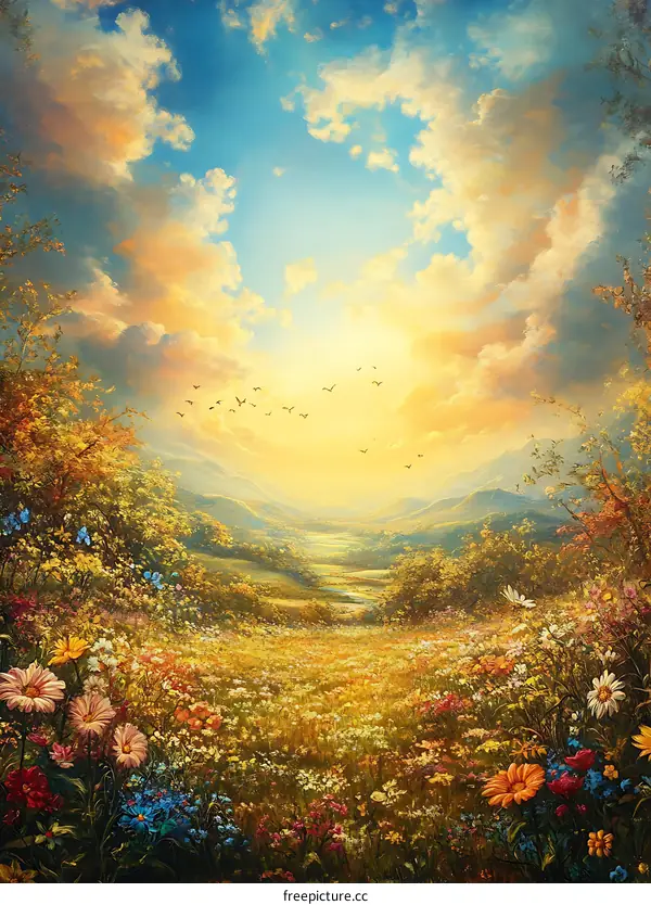 Beautiful Spring Meadow with Birds Flying in the Sky