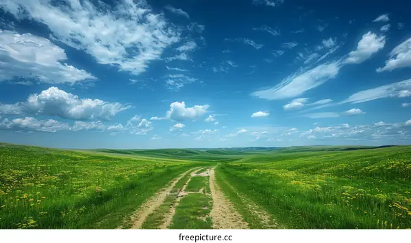 Country Road Through Lush Green Fields