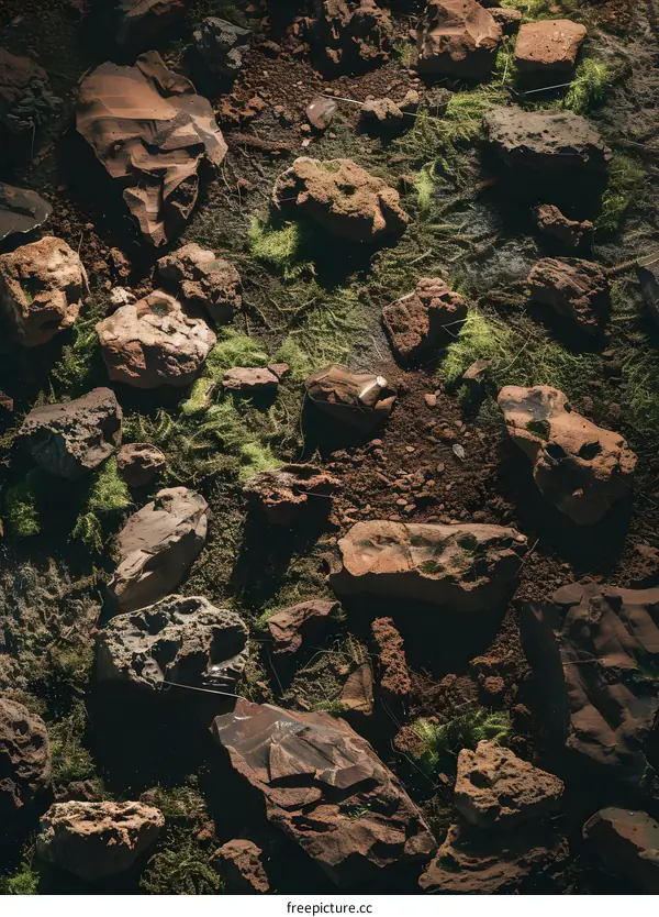Closeup of Red Rocks and Green Moss
