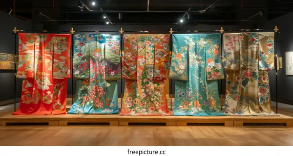 A display of colorful kimono robes with floral patterns.