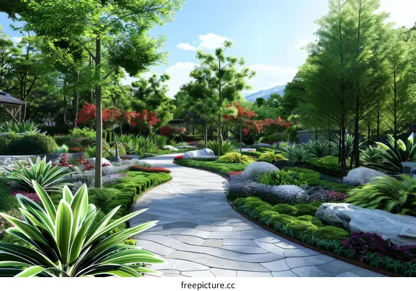 Landscape Design Rendering Showing a Beautiful Garden with Rocks, Flowers, Pavilion, and Water