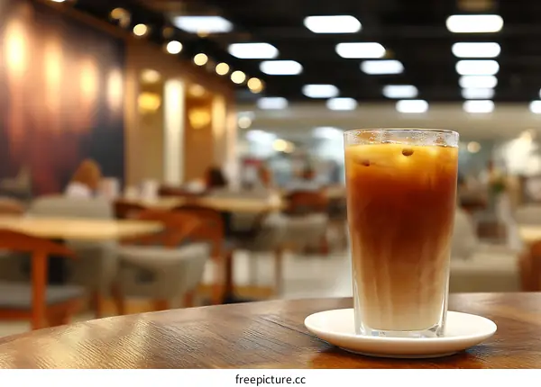 Blurred Cafe Scene with Iced Coffee Drink
