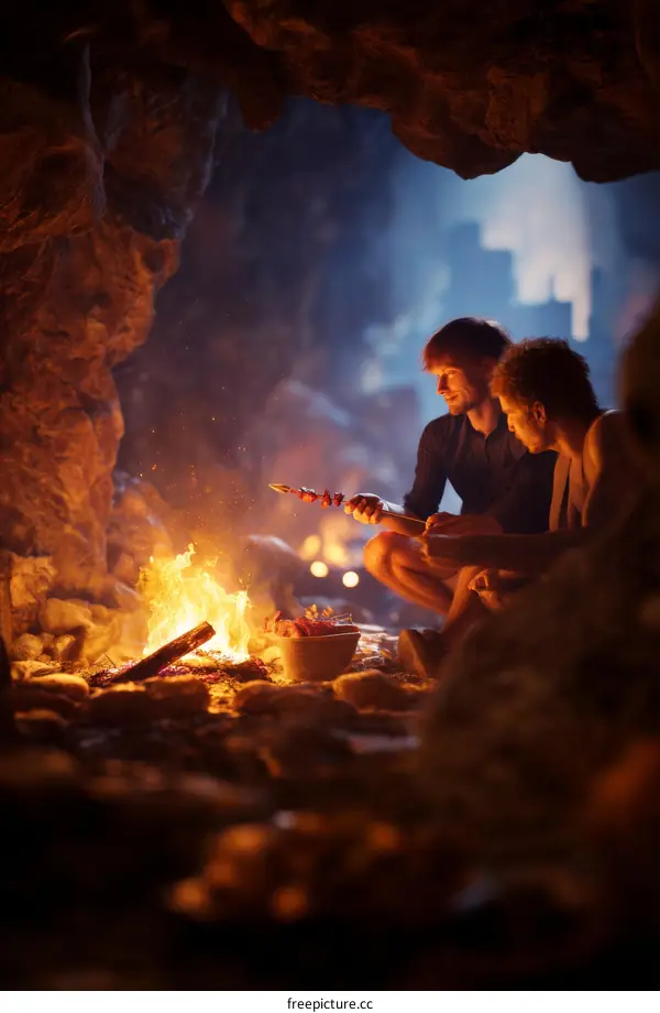 Cavemen Cooking Dinner by Firelight
