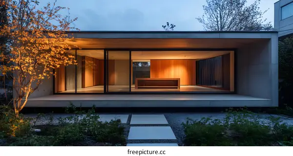 Modern Concrete House with Large Windows and Wooden Accents