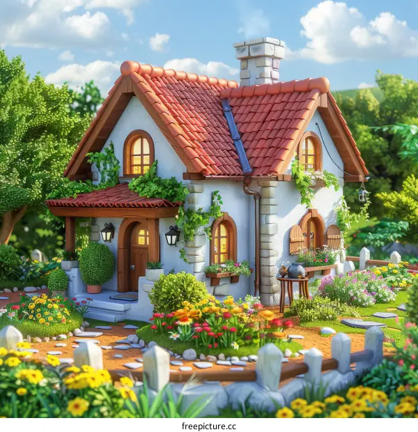 Enchanted Cottage in a Blooming Flower Garden