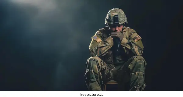 A soldier sits on a chair in front of a dark background