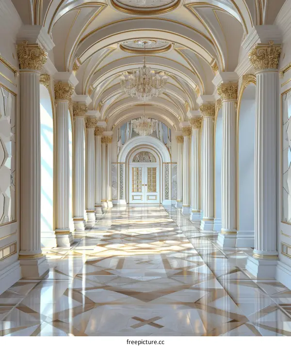 Opulent Hallway with Marble and Chandelier