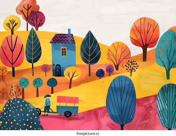 Autumn Landscape with Colorful Trees and a Small House