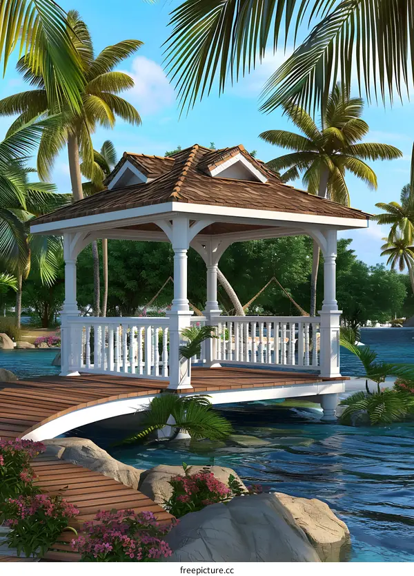 White Gazebo Bridge Over Water With Palm Trees