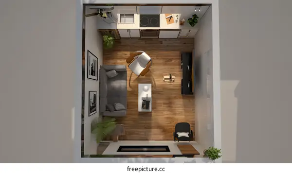 Top View of a Modern Living Room Interior Design with Kitchen