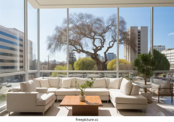 A modern living room with a large tree outside the window