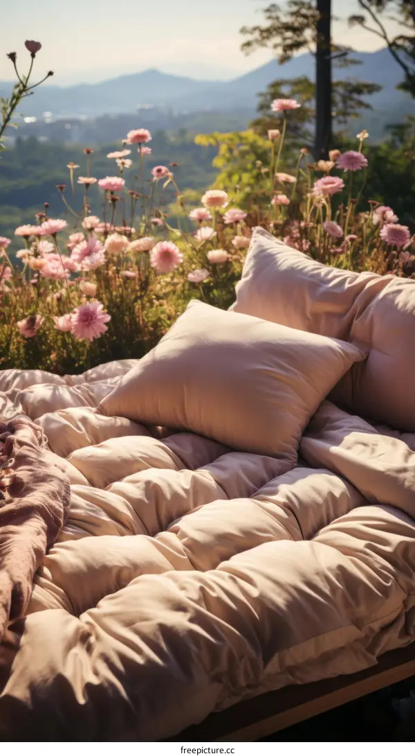 Pillows and bedding overlooking a field of flowers