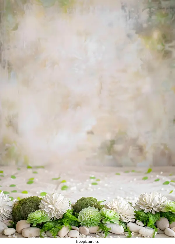 White Flowers And Green Moss On White Stones Background