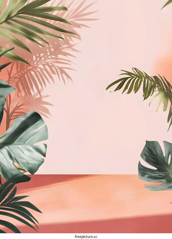 Tropical Leaves and Pink Wall Background