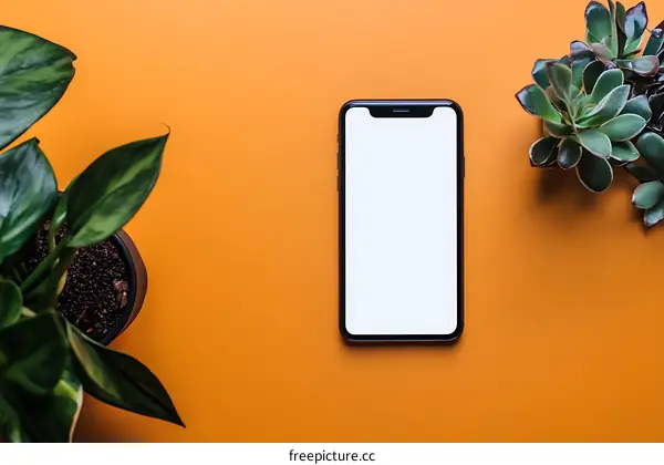 Flat Lay with Smartphone and Green Plants on Orange Background