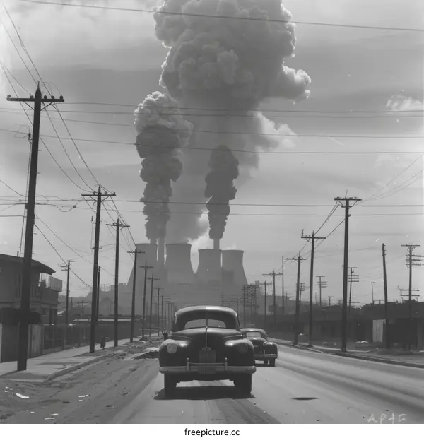 Black and white photo of cars on a street with a large factory in the background