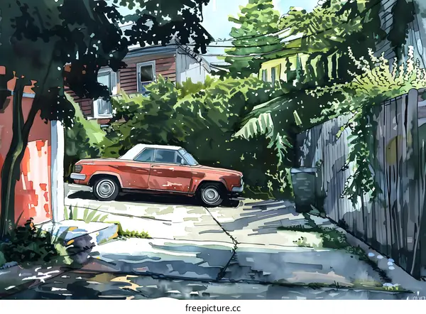 Vintage Red Car Parked in a Green Alleyway Watercolor Painting