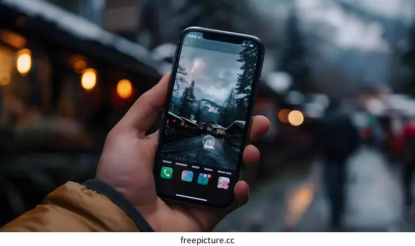 Hand Holding Smartphone Showing Winter Landscape Picture
