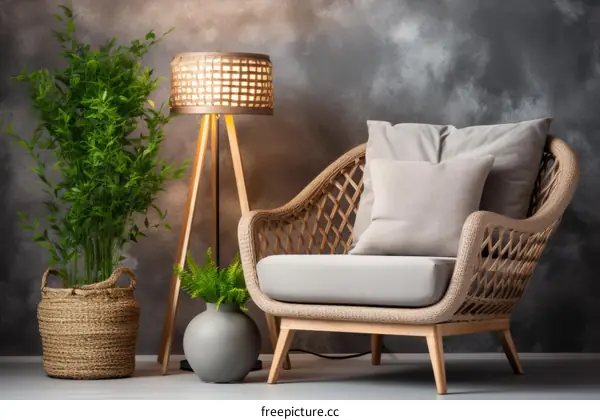 A stylish and comfortable living room with a wicker chair, a plant, and a lamp