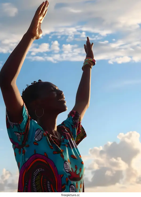 African Woman Raising Hands To The Sky