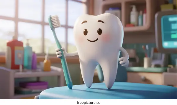 A cheerful tooth character holding a toothbrush in dentist's office