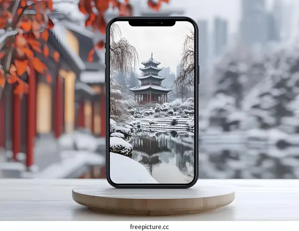 Snow Covered Chinese Temple Landscape on Smartphone Screen