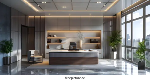 Modern office interior design with large windows and marble floor