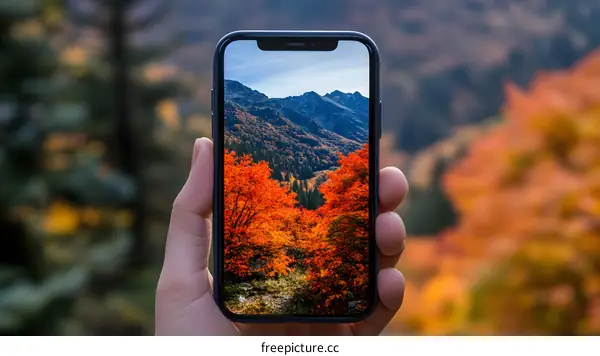Hand Holding Phone with Mountain Landscape Photo