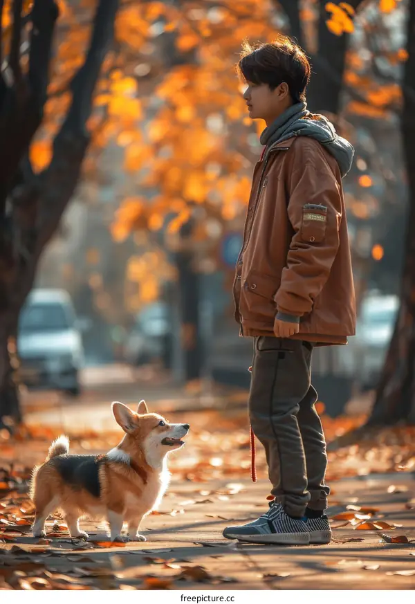 boy and dog in autumn park