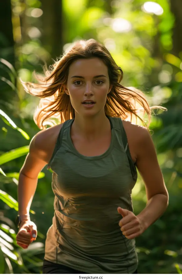 Young woman running in a lush green forest